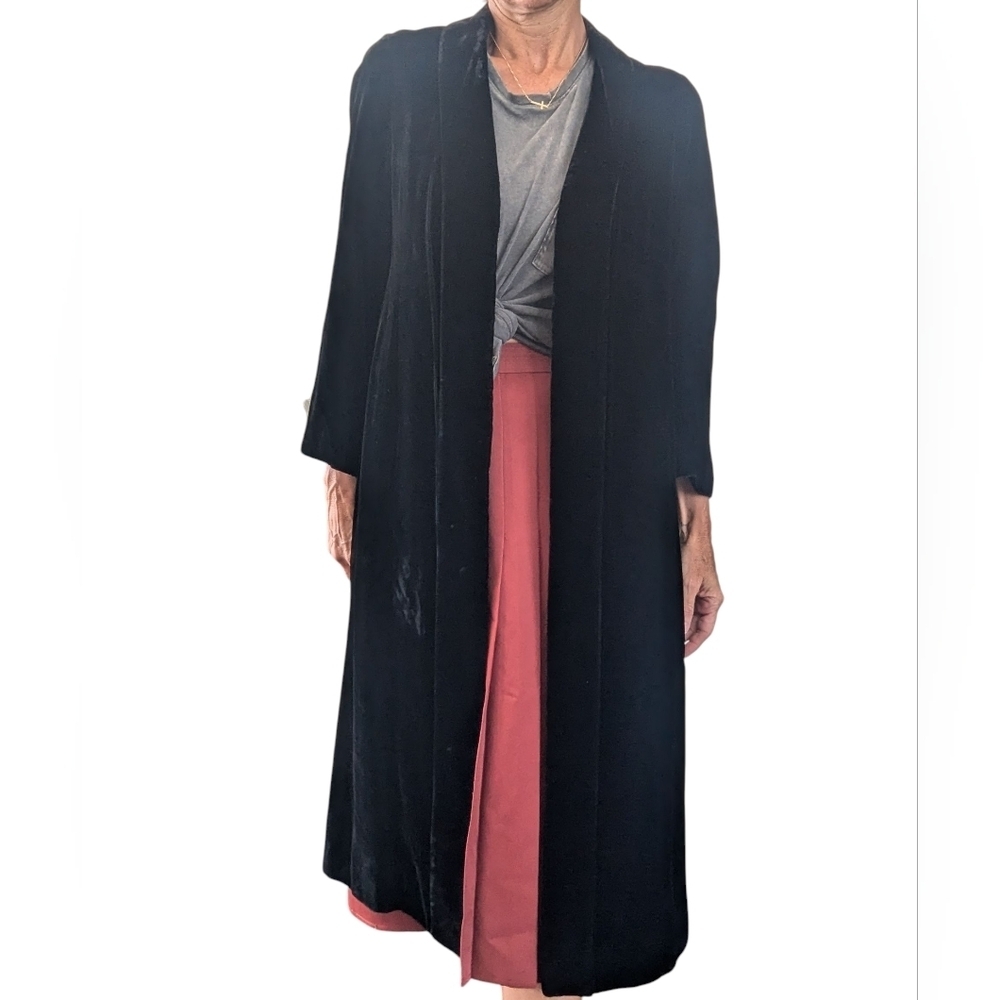 Vintage Black Velvet Opera Coat Maxi Evening Duster Gothic Minimalist M/L